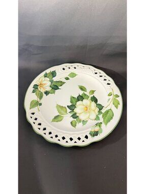 Elegant Floral Porcelain Plate By Brunelli White & Green Italy